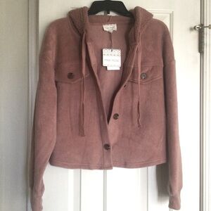 Pink Rose Fleece Jacket Sherpa Hood Mocha Rose